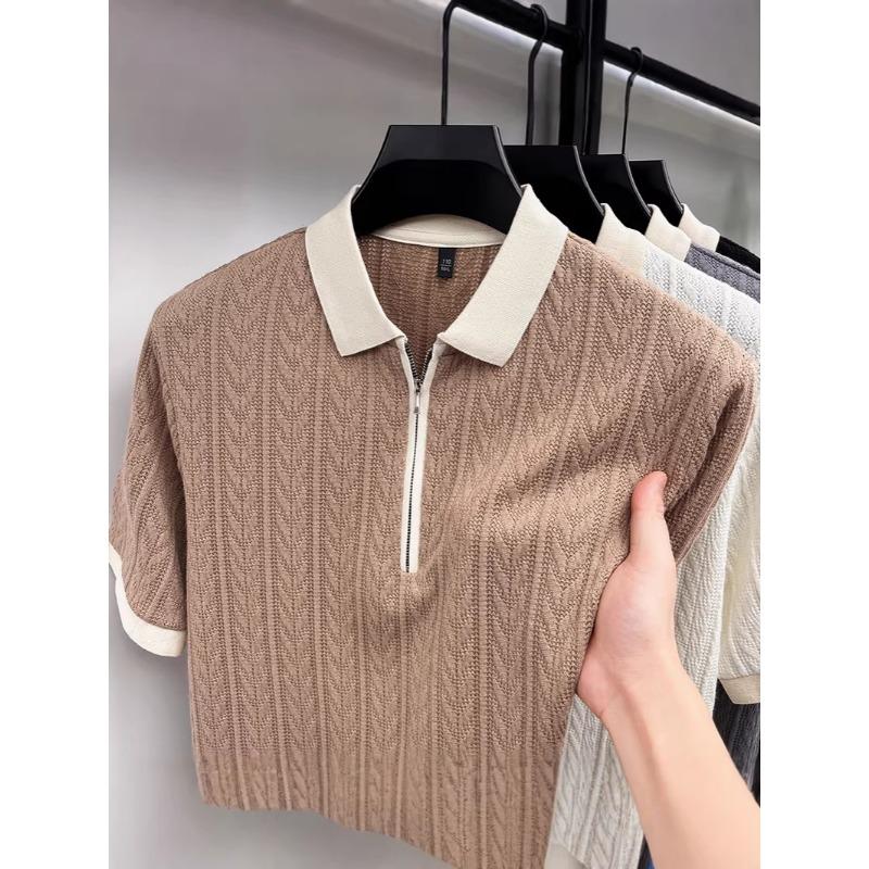 Men's Off-White Cable Knit Half-Zip Short Sleeve Polo Shirt