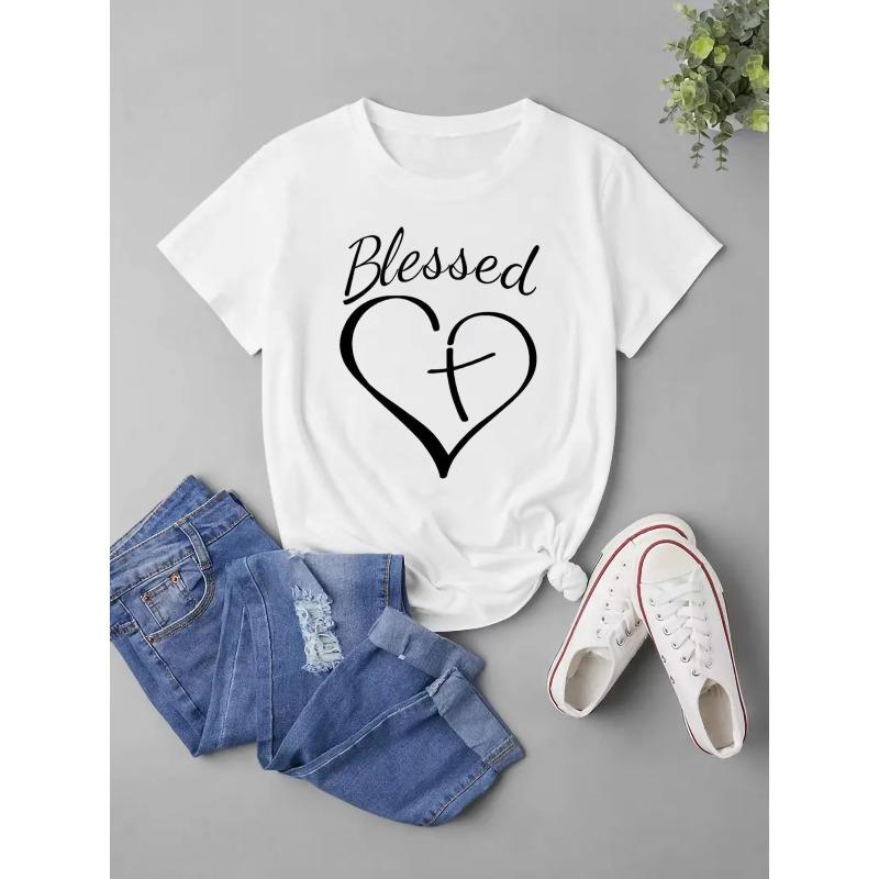 Womens Blessed Heart Cross Print T Shirt Crew Neck Short Sleeve Valentine Day Gift Casual Top
