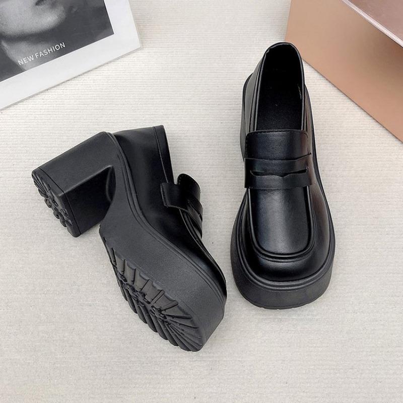 Small Leather Shoes Women's Spring and Autumn New Thick-soled Black Muffin Thick Heel One-pedal Single Shoes