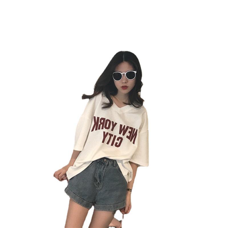 Damski T-shirt z krótkim rękawem w stylu koreańskim z nadrukiem literowym - Letnia moda luźny top