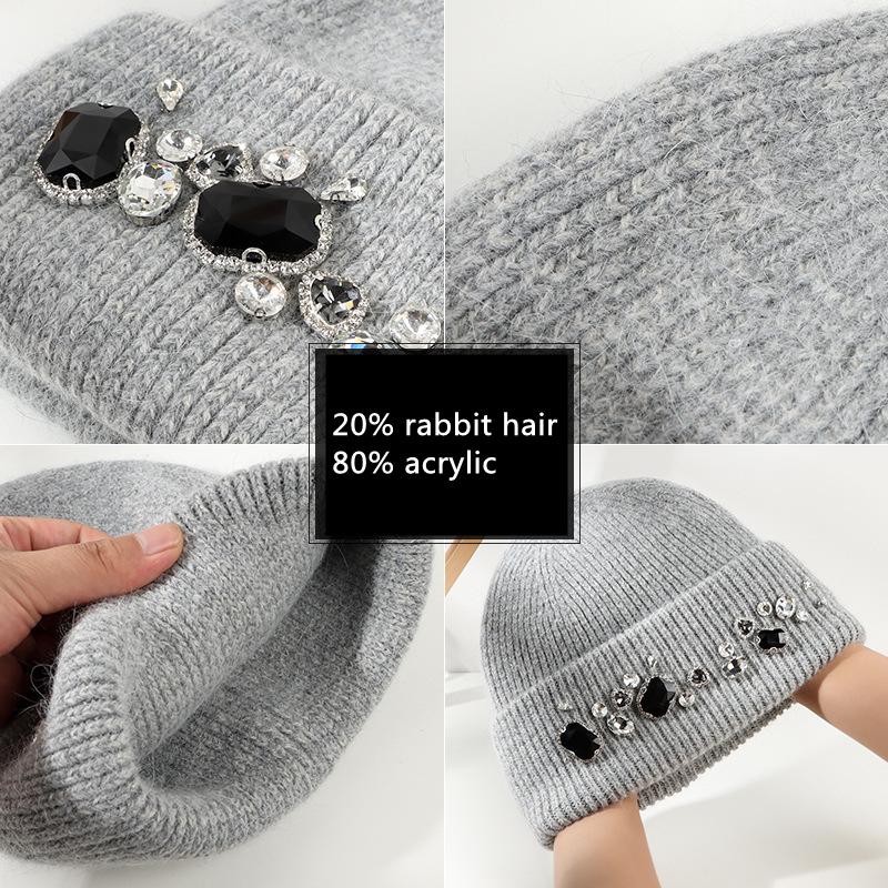 Hat Women's autumn and winter rabbit fur knitted hat Versatile masonry women's group Angola rabbit fur pullover hat Thickened warm hat
