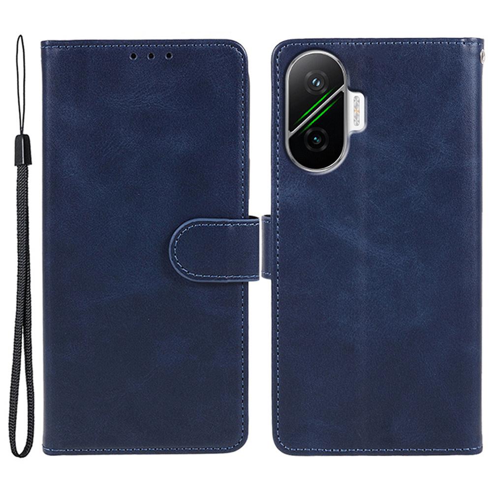 

For Xiaomi Redmi Turbo 4 Pro 5G/Poco F7 5G Case Calf Texture PU Leather Wallet Phone Cover with Wrist Strap Blue