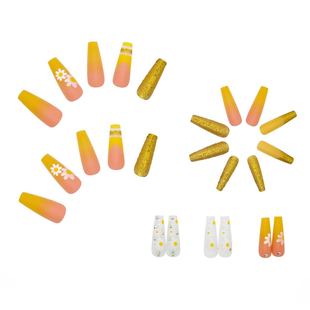 Yellow Gradient Crinkle Chrysanthemum Broken Diamonds Wearable False Nails Nail Stickers Nail Art