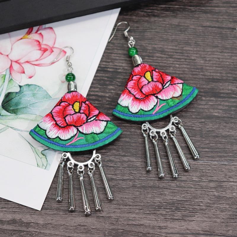 Retro hand-embroidered fabric earrings female long flower fringed versatile temperament performance earrings earrings