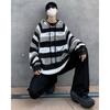 Autumn new trend handsome pullover sweater hooded sweatshirt men's American retro design hole striped sweater