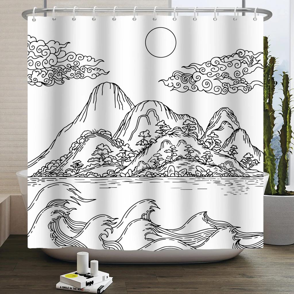 Chinese Ink Painting Landscape Shower Curtain Mountain Bamboo Modern Art Home Decor Bathroom Curtains Waterproof Shower Curtains