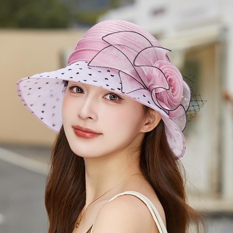 New Fashion Elegant Flowers Organza Dot Church Hat For Women Foldable Wedding Party Hat Summer Beach Protection Sun Cap