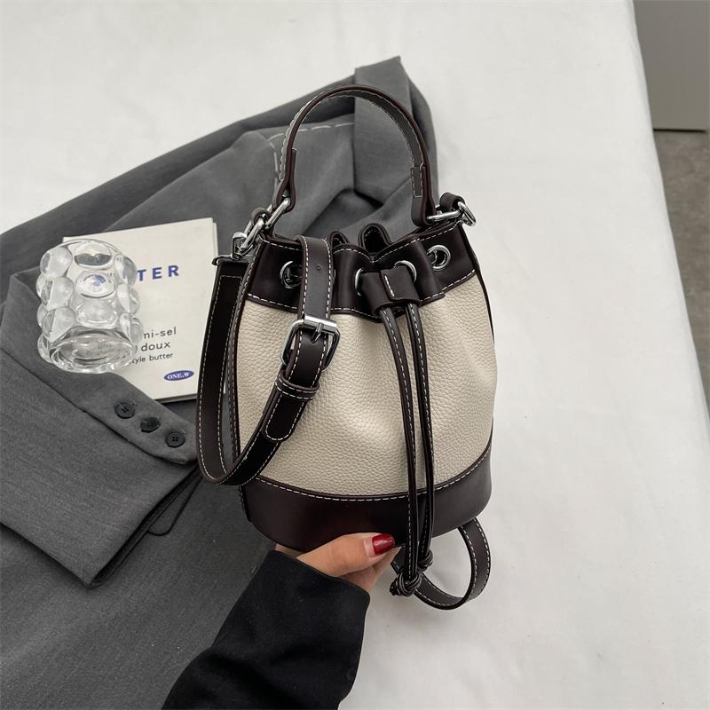 Luxury Designer Bucket Crossbody Bag  New Women Drawstring Vintage Handbags High Quality Patchwork Leather Shoulder Bags