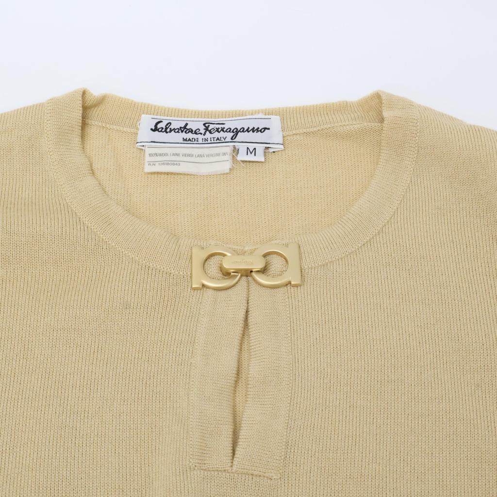 Salvatore Ferragamo Beige Wool Gancini Cool Neck Knit Tops M beigeUsed