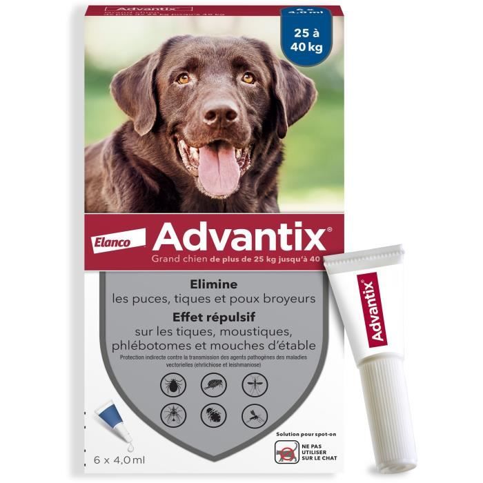 Advantix chien solution antiparasitaire grande race 25 à 40kg 6 pipettes