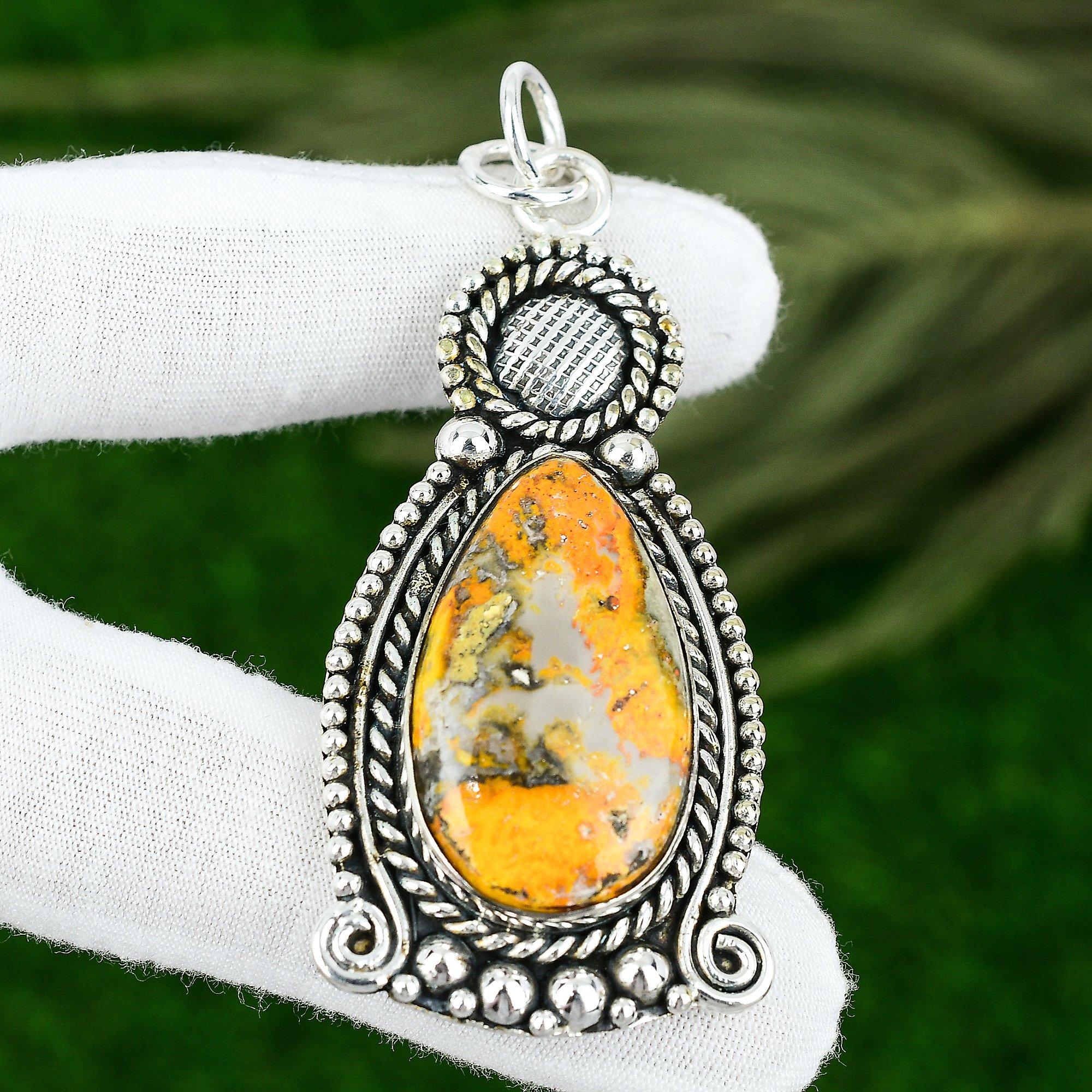 Pear Bumble Bee Jasper Stone 925 Silver Anniversary Wife Birthday Bezel Pendant