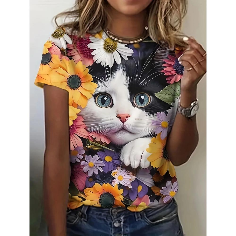 Summer New Women's 3D Digital Print T-shirt Loose Casual Round Neck Short-sleeved Creative Animal Print Top Y2K Streetwear