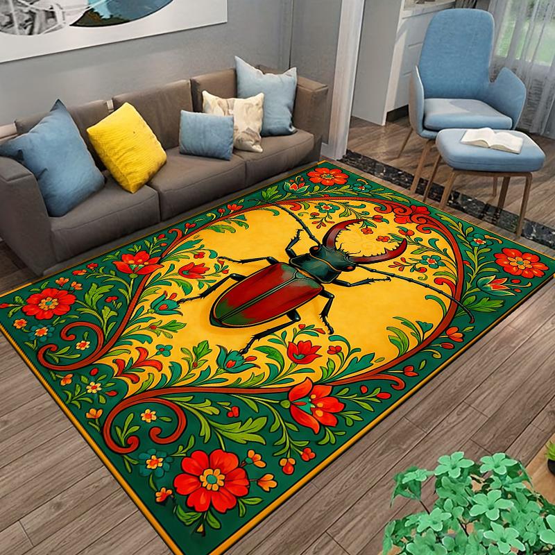 Colorful Beetle and Floral Pattern Carpet with Vibrant Yellow Background Suitable for use as an anti-slip for living room bedroom sofas