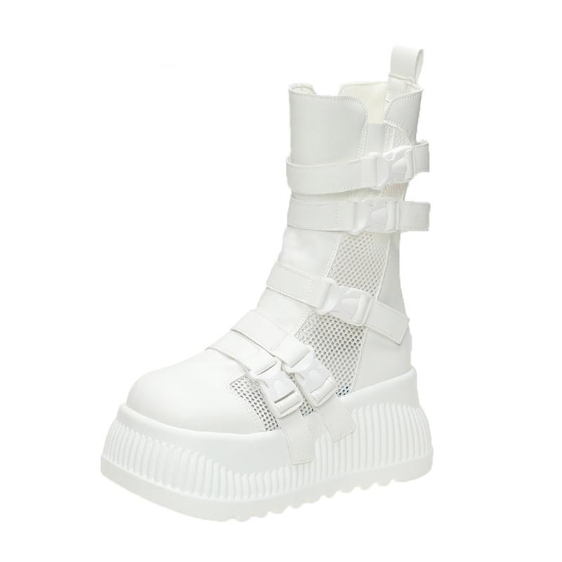 Fashion 8.5CM Women Spring Summer Boots Fashion Breathable Mesh Hollow Sneakers High Platform Ankle Boots For Woman Outdoor Chunky Shoes