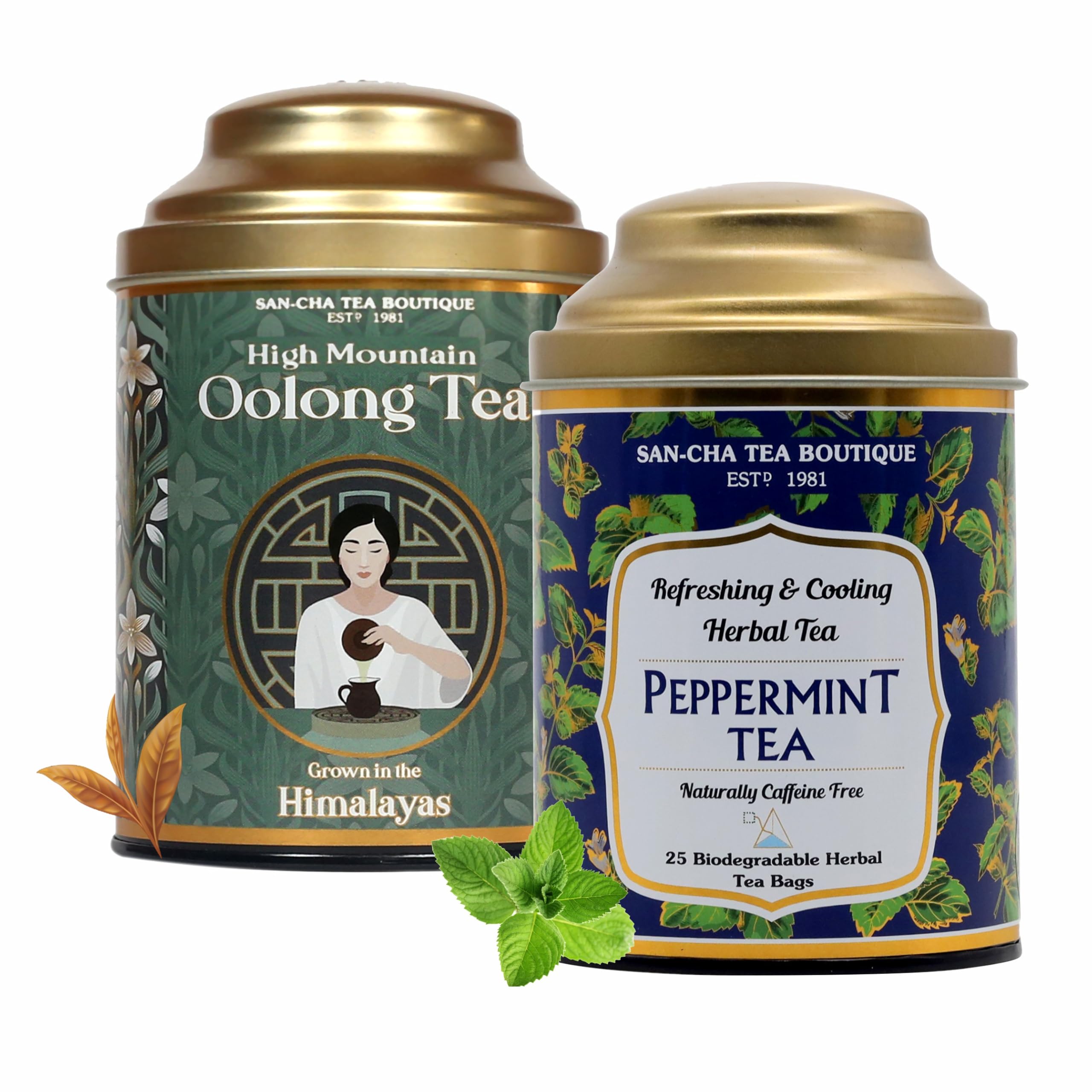 Sancha Tea Boutique, Combo Pack: High Mountain Oolong (50g) & Peppermint Herbal (25 Pyramid Bags), Caffeine-Free Floral & Mint Infusions, Re