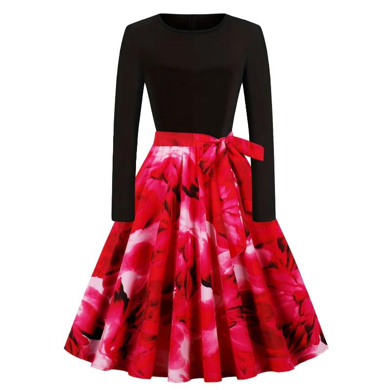 Autumn and Winter New Retro Women's Clothing Round Neck Long-sleeved Black Spelling Print Pendulum Dress