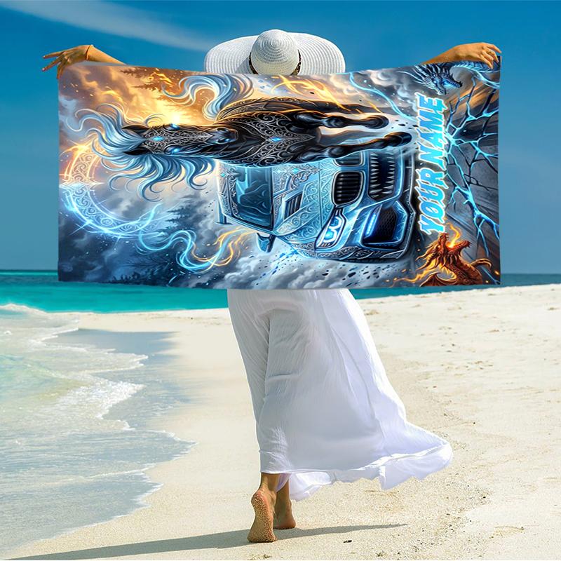 1PC Custom Name "Fantasy Horse Car Artwork" Beach Towel Highly Absorbent And Sand-Resistant Towel for Swimming, Pool, Yoga, And Travel Lightweight