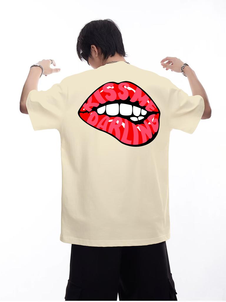 Unisex Summer Oversized Back Print T Shirt Red Lips Kiss Me Darling Letter Graphic Casual Streetwear Loose Short Sleeve Fashion Top