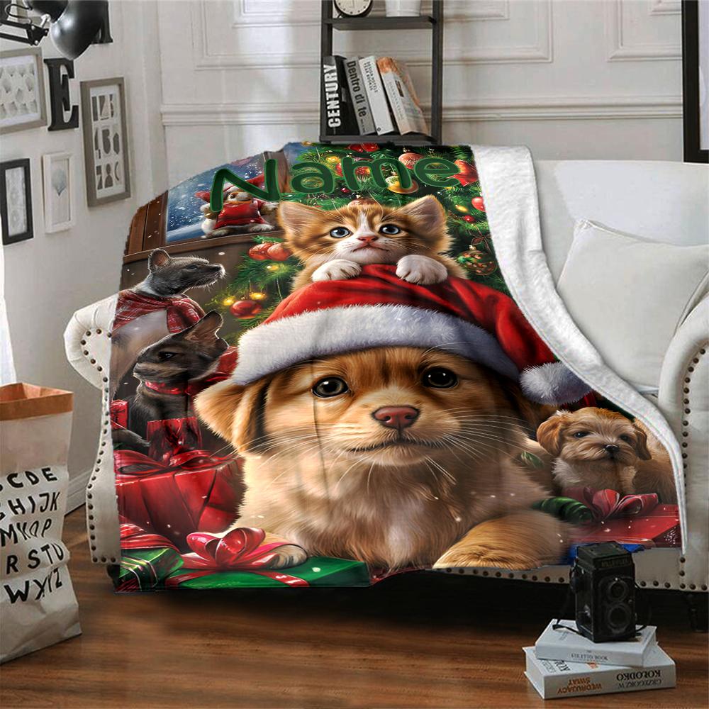 Custom Name Christmas Dog Theme Printed Blanket - Perfect for Couch, Bed, Travel & Outdoor Use | Machine Washable, Cozy & Durable.