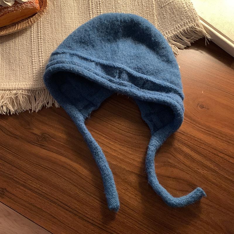 Small face straps knitted hat women's autumn and winter big head circumference solid color wool hat warm ear protection bag head hat
