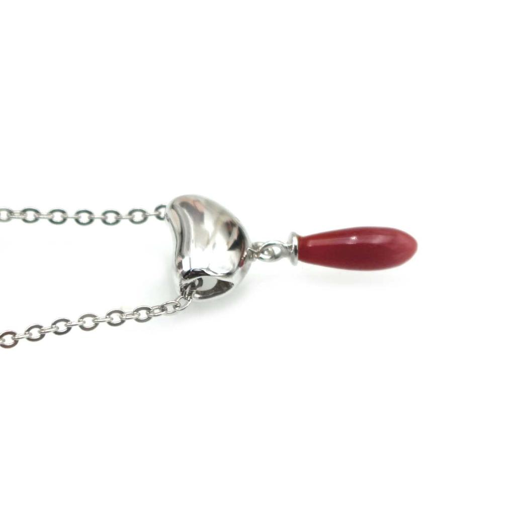 [Craftsman's Crafts Museum] Blood Red Coral Teardrop Pendant, Silver Fittings, Drop Pendant Top, 40cm Plated Chain Included, Undyed Coral