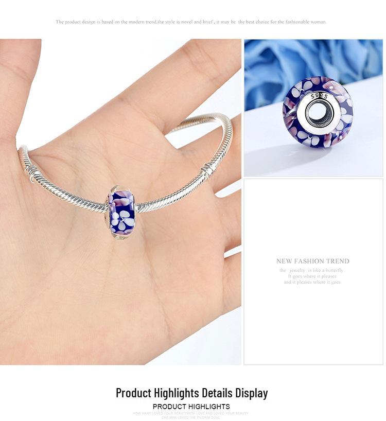 Everly Blue Plum Blossom S925 Sterling Silver DIY Glass Beaded Bracelet SCZ047