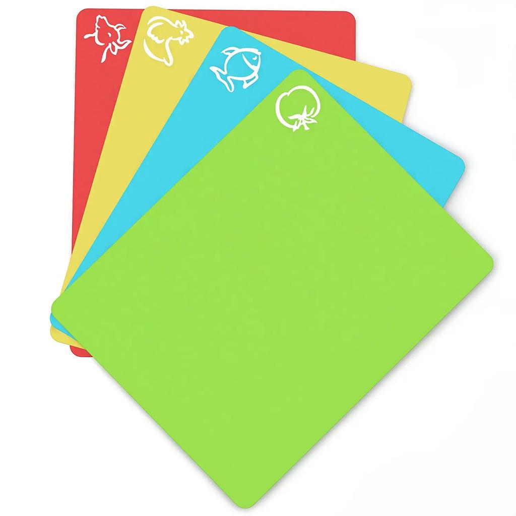 Flexible Plastic Non Slip Chopping Board Set Of 4 With Food Icons Kitchen Cutting Mats