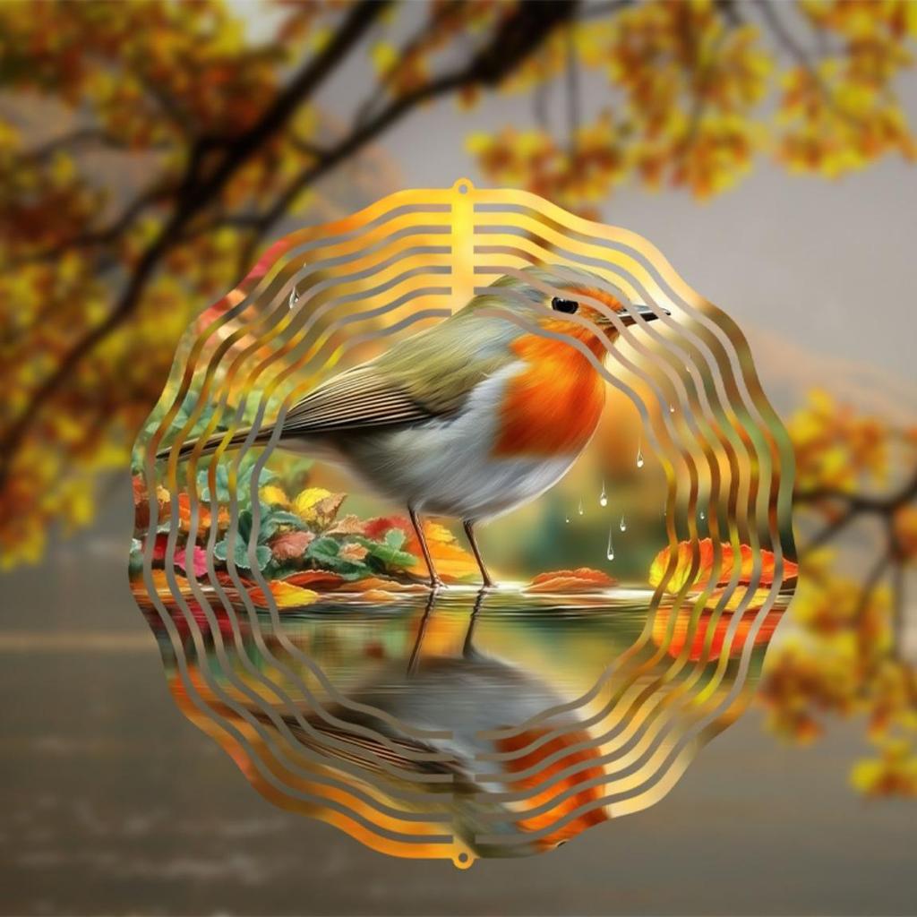 Metal Robin Bird Wind Chime with Autumn Leaves 2D Rotating Design for Outdoor Garden Balcony Patio Decor No Battery Needed