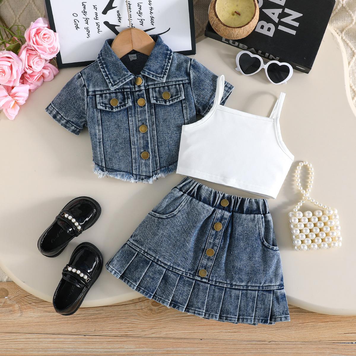oddler 3PCS Denim Outfit, Frayed Jacket, Cami and Pleated Skirt with Button Deta 6-9M пейна серый