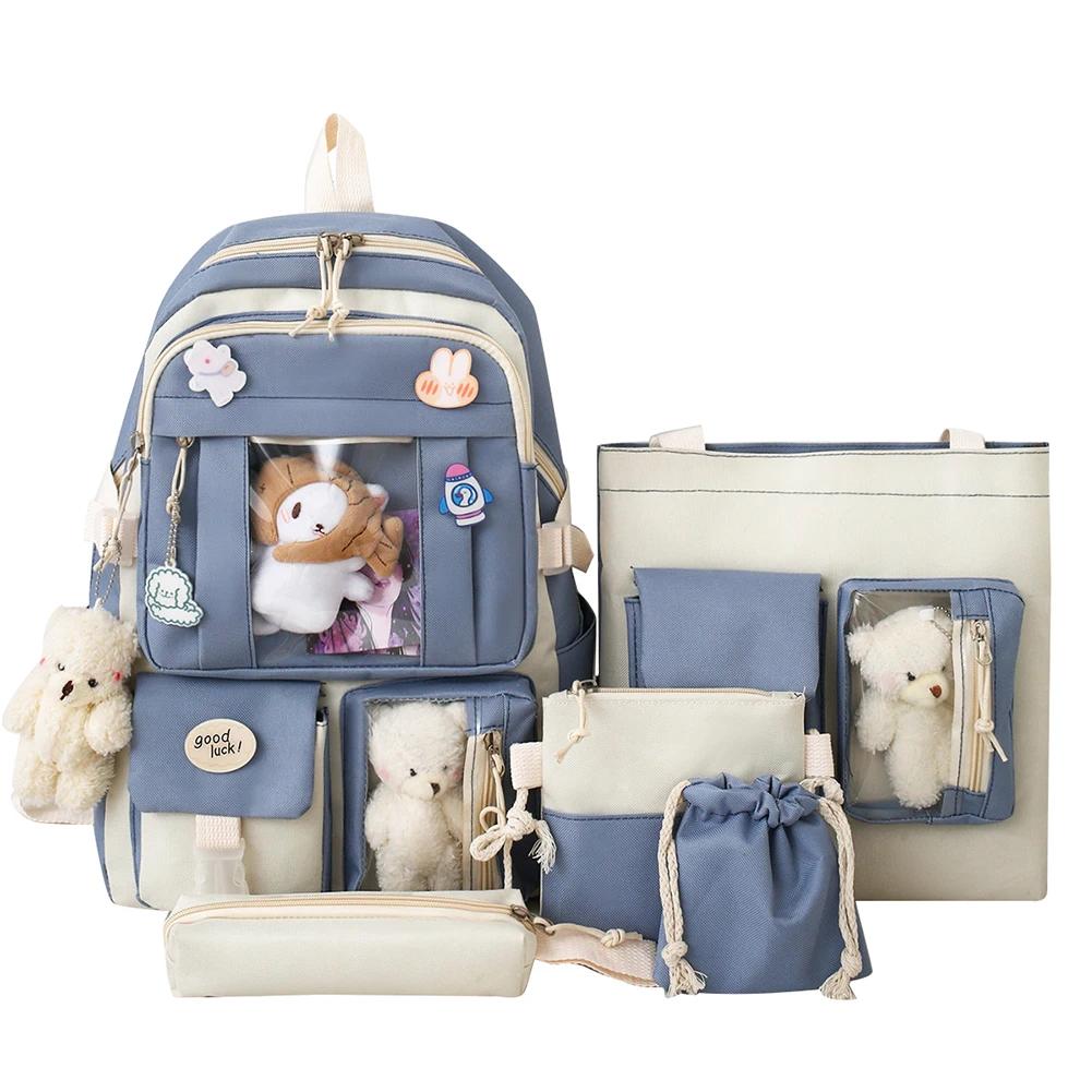 5 peças/conjunto Mochila Kawaii Feminina Coreana Fofa Mochila Estudante Menina Grande Capacidade Mochila Escolar Bolsa com Cordão Carteira
