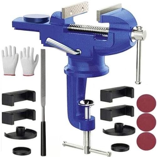 Compact Blue Bench Vise with 360 Rotating Base, Maximum Opening of 75mm, Portable Bench Vise for Woodworking, Pipe Drilling, and Metalworking