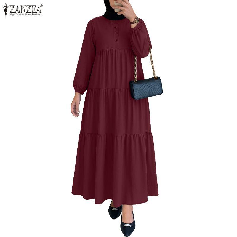 ZANZEA Women Casual Round Neck Solid Color Long Sleeve Long Dress
