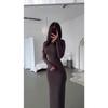 Women's Crew Neck Long Sleeve Maxi Dress Slim Fit High Waist Solid Ruched Bodycon Club Dress
