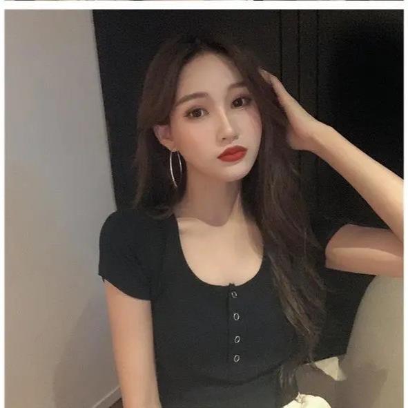 2025 Summer Slim Round Neck Crop Top - Women's Trendy Short Sleeve