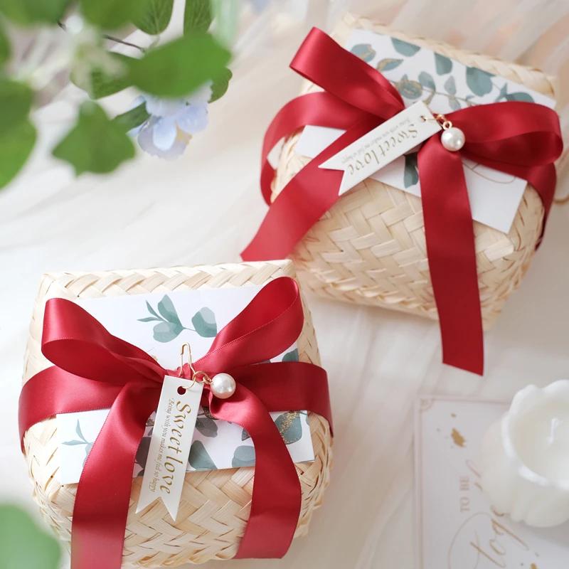 Handmade Bamboo Weaving Gift Box Bridesmaid Wedding Candy Packaging Baby Shower Favors Party Supplies Wholesale