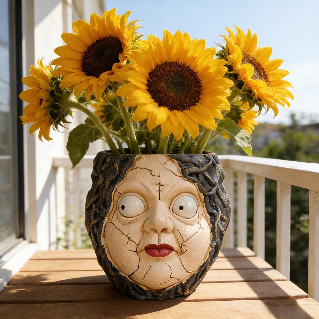

Spooky Cracked Doll Face Vase - Resin Sculpture Planter for Succulents, Halloween Patio Decor & Quirky Plant Lover Gift Medium