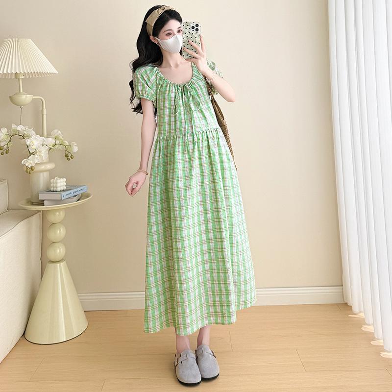 2026 Summer Maternity Cantaloupe Green Japanese Plaid Lace-up Dress 2XL