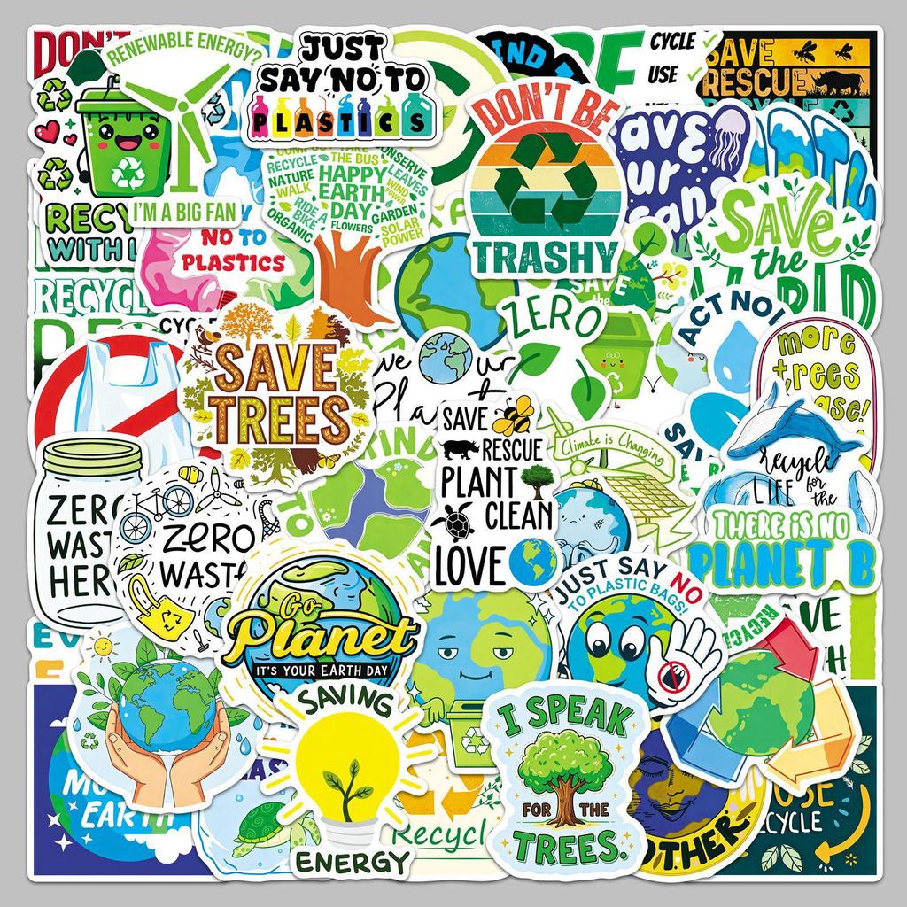 50 Earth-Friendly Stickers: Environmental Slogans & Cartoon Logos for Graffiti and Decoration