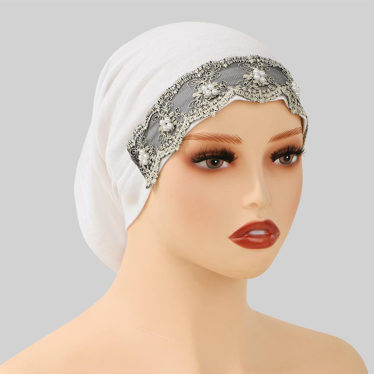 

Pearl Embroidery Jersey Instant Hijab For Muslim Hijab Turban Tube Cap Solid Stretch Inner Cap Undercap Floral Lace Bandana