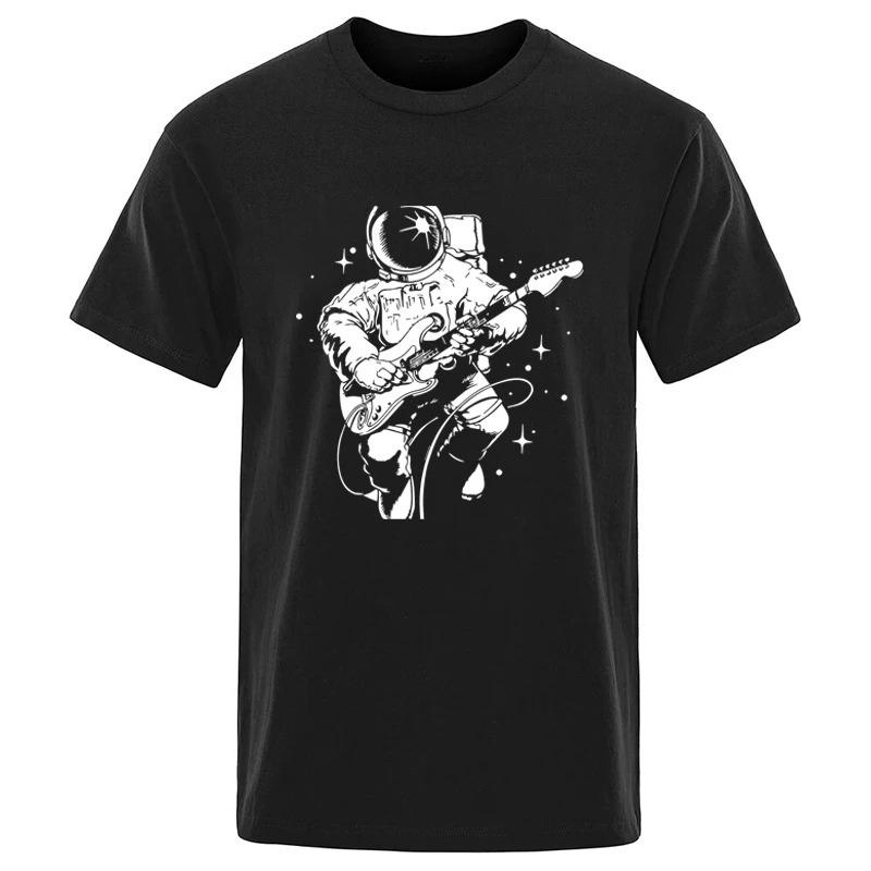 Summer High Quality Funny Astronaut Playing Guitar Casual Unique Loose Cool Men Oneck Streetwear Aesthetic Print Mens Tshirt