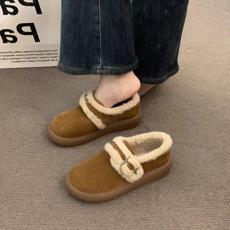 

thick-soled Boken shoes women s velvet foreign style casual retro one-pedal cotton shoes fluffy shoes women wear loafers in winter 40