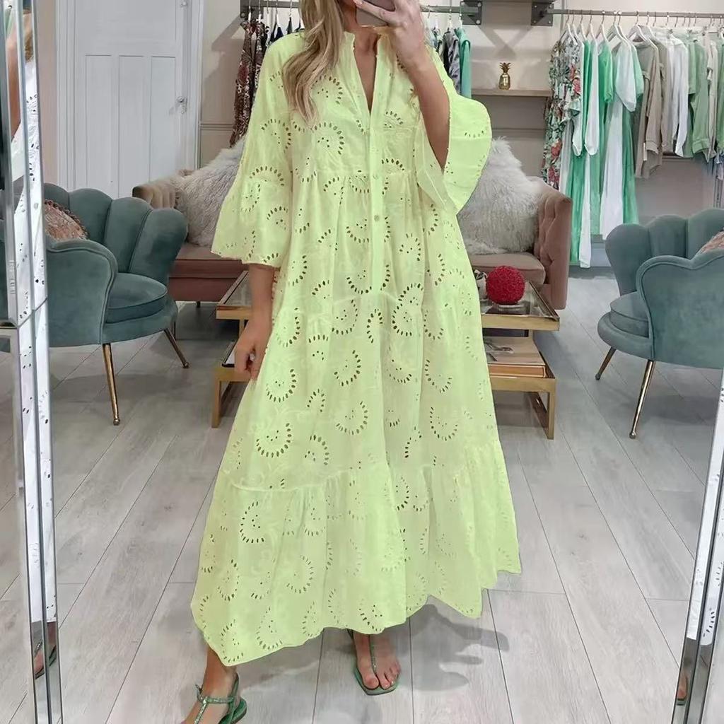 IHUASU 8 Colors S-5XL Women's Fashion Summer Spring Solid Color Print 3/4 Sleeve V-Neck Casual Dresses