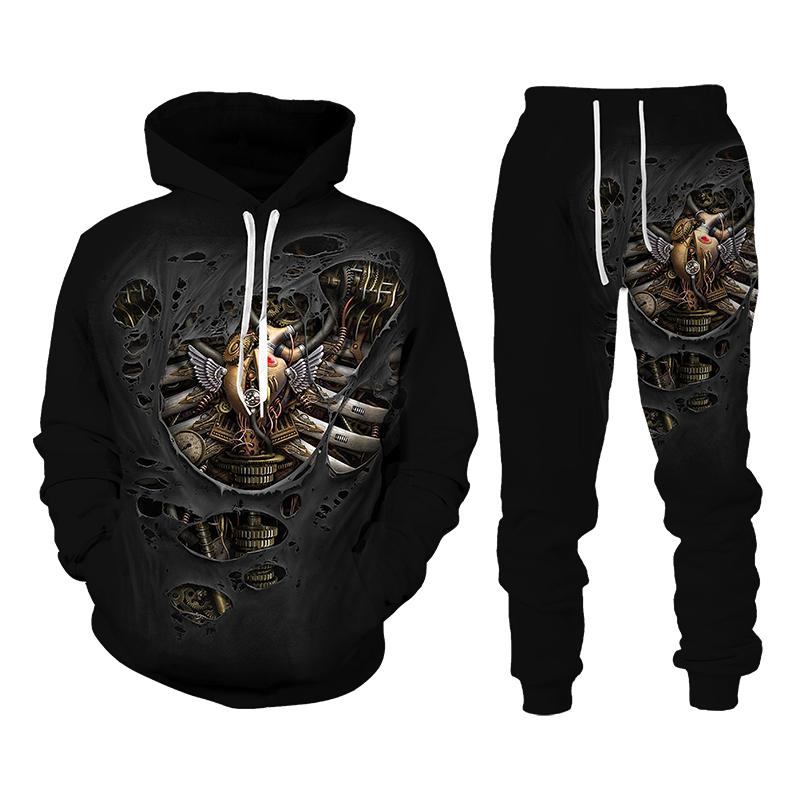 Vintage Gothic Skull Pattern 3D Print Men Tracksuit Sets Casual Hoodie+Pants 2pcs Sets Oversized Sweatshirt Trend Men Clothing