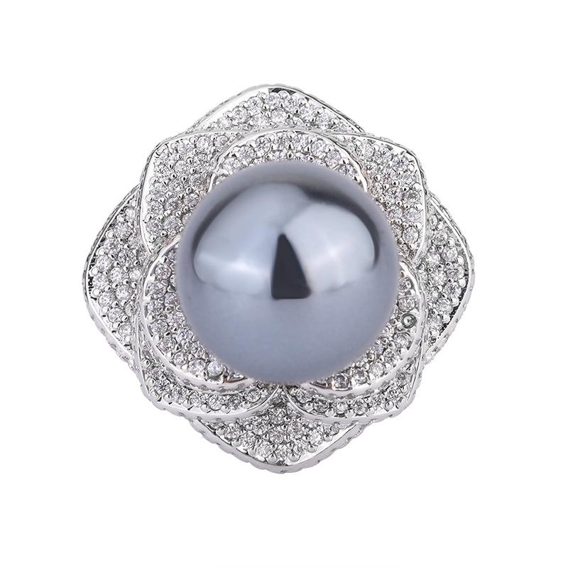 Jewelry Copper Platinum Plated Austrian Fritillary Pearl Diamond Flower Diamond Women'S Ring 14Mm