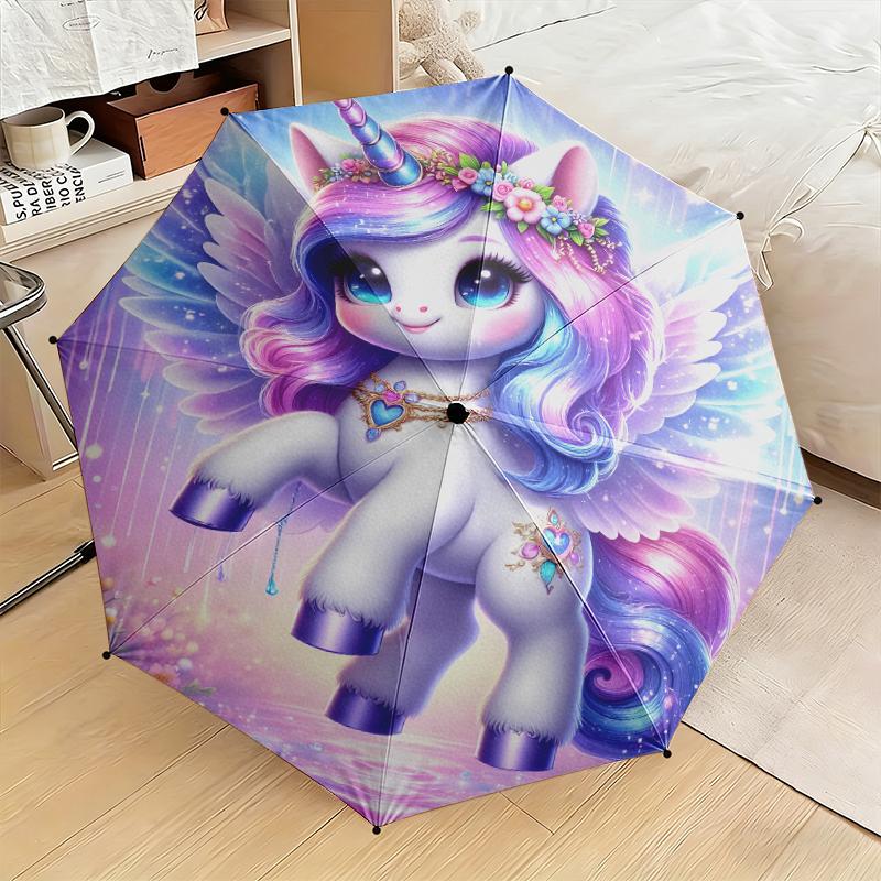 1pc Purple Unicorn Umbrella Portable Folding Umbrella Iron Frame Hole Bone Structure Outdoor Home Umbrella