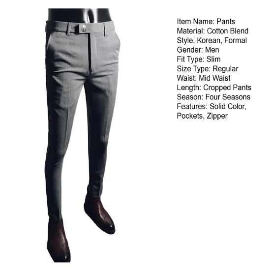 Men Business Formal Pants Solid Color Straight Cropped Pants Korean Style Stretchy Zipper Fly Office Social Trousers Streetwear