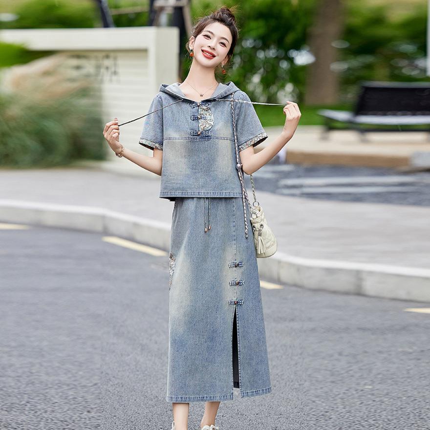 

Вышитый джинсовый костюм юбка женское летнее платье новый ретро с капюшоном с коротким рукавом юбка комплект из двух предметов XXL