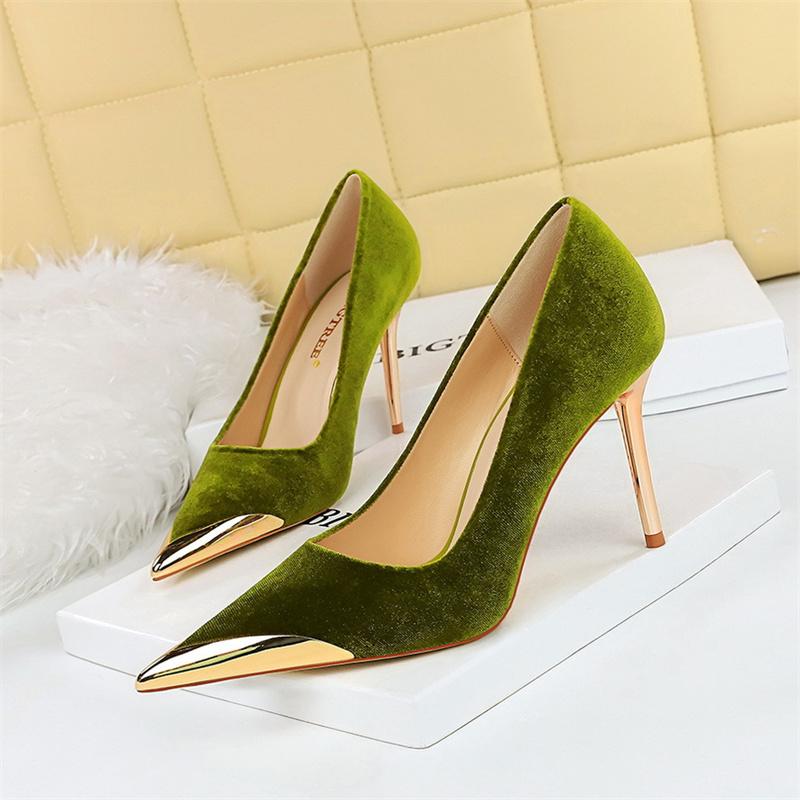 Fashion Women Fashion Comfort Suede High Heels Green Burgundy Pumps Metal Cap Pointed Toe Velvet Evening Party Office Single Shoes
