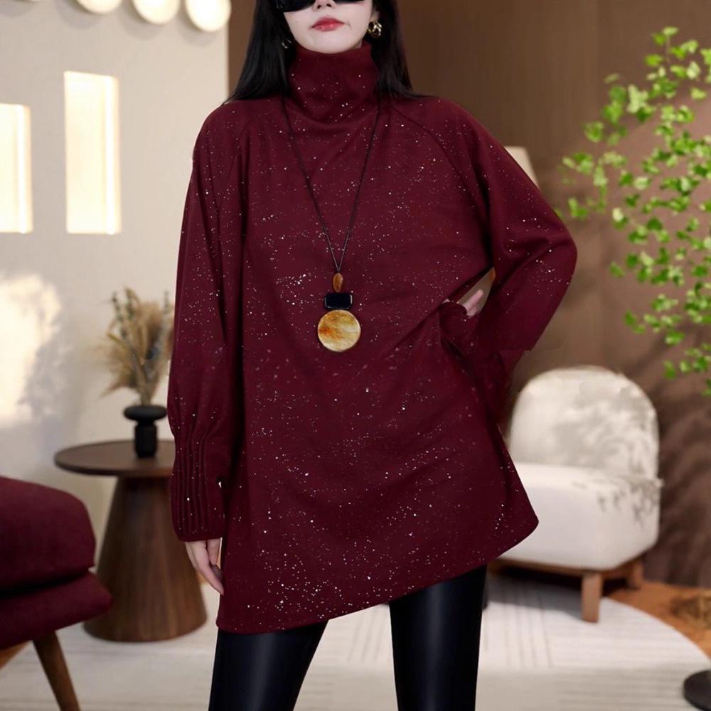Plus Size Sequined High Neck Ruffle Long Sleeve Thickened Warm Mid-Length Top for Women 