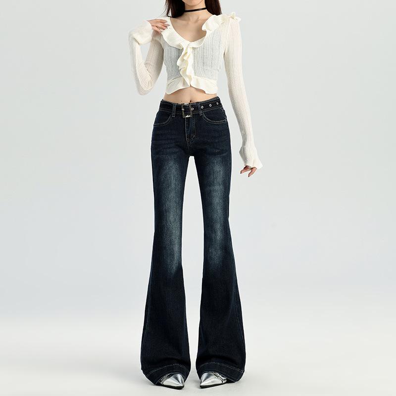 Women's Stretchy Blue-Gray Retro Micro-Flare Jeans with Belt